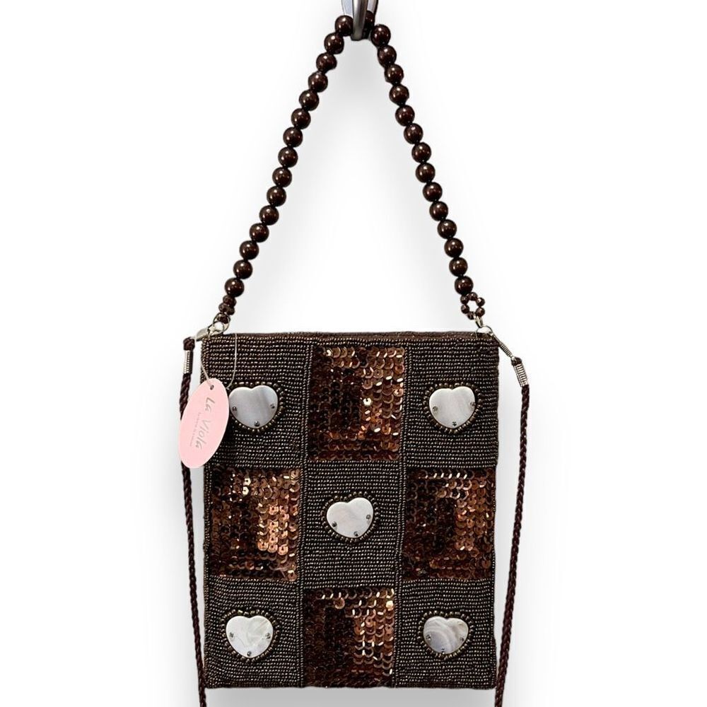 La Viola Beaded Evening Shoulder Bag Purse Sequins Hearts Zip Top Festival